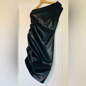 BCBG Black Faux Leather Draped Midi — Sleek Evening Dress
